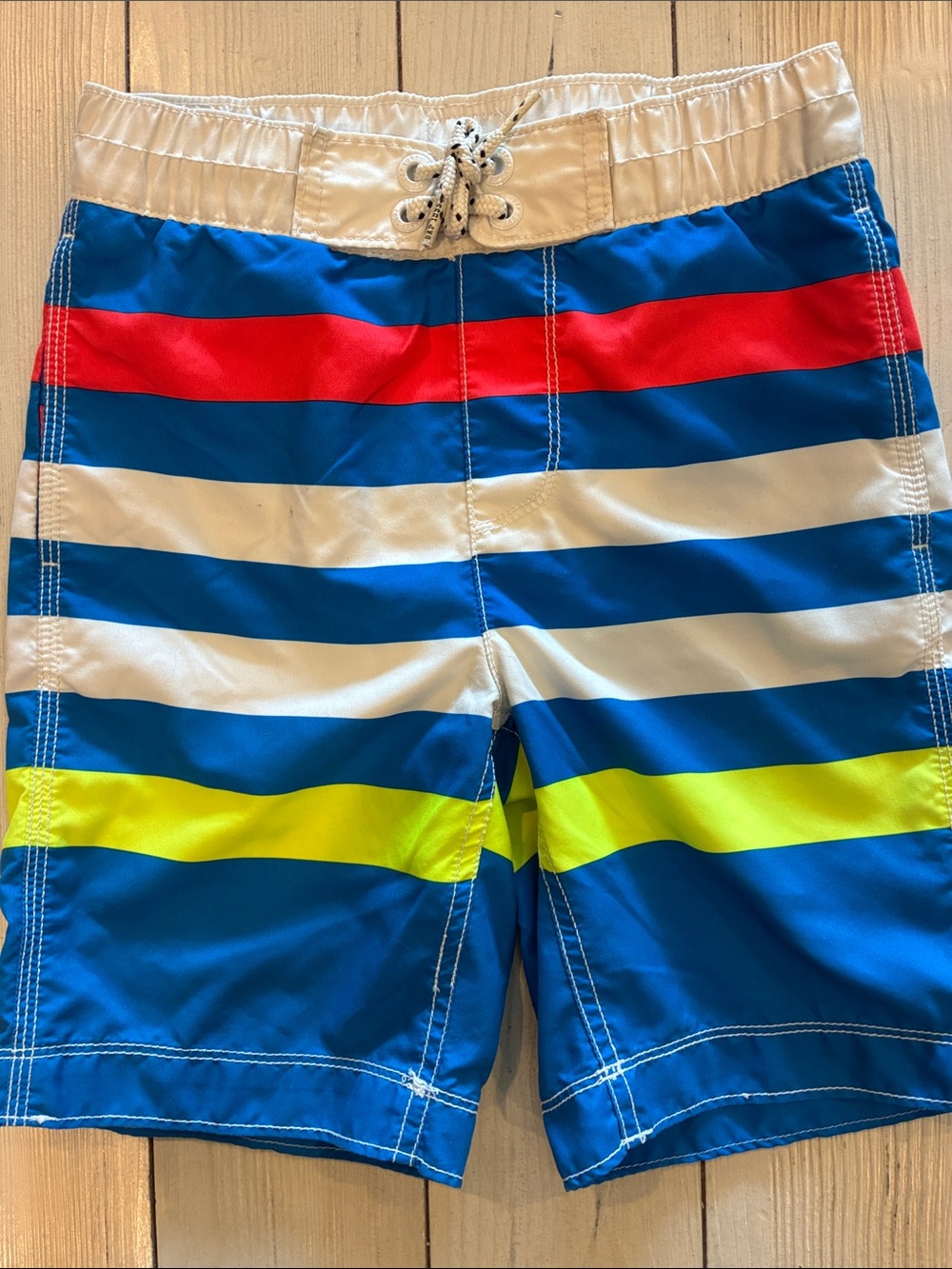GAP Boys Blue White Neon Yellow Striped Swim Trunks